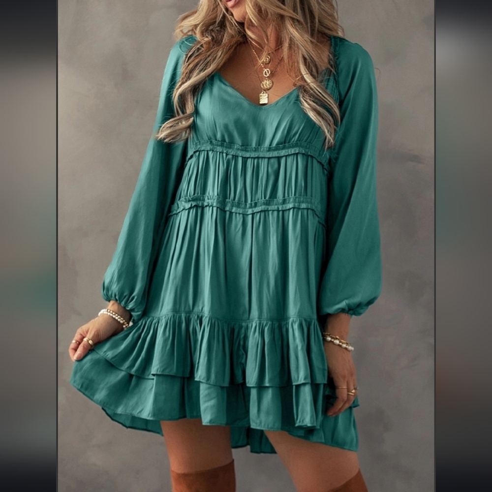 Teal Ruffle Babydoll Mini Dress